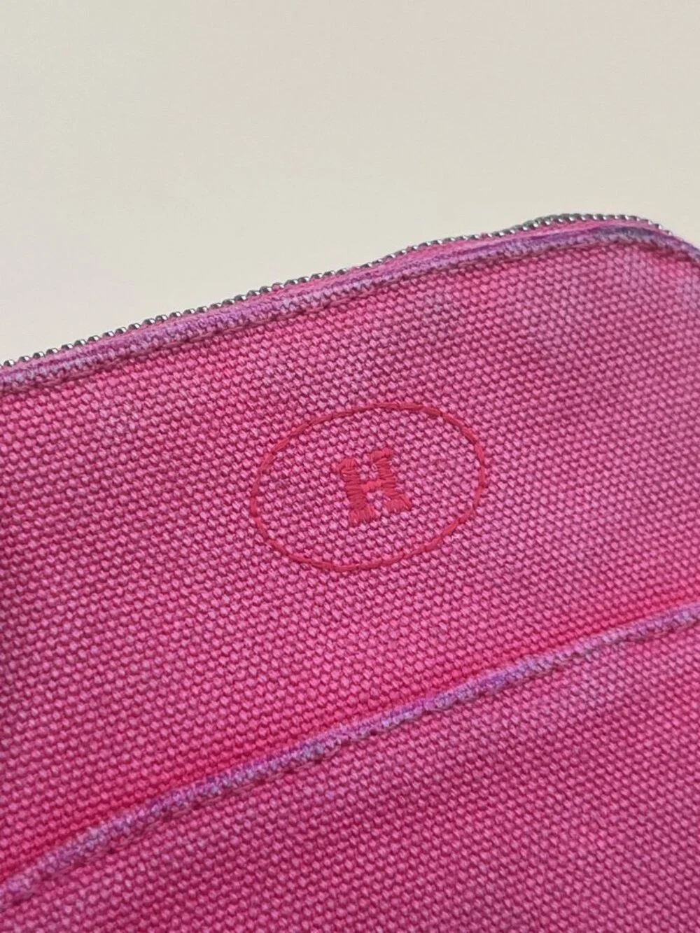 Hermes Cosmetic Pouch Pink-Red Canvas Zip Trousse Case Orange Lining Made in Fra